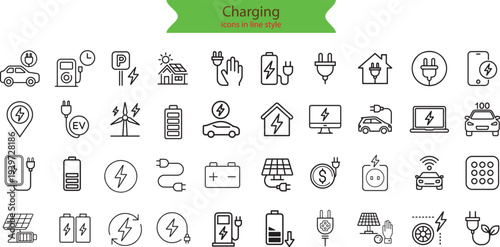 Charging web icons in line style. Charging, charging station, battery, electricity, wireless charging, electric car, collection.
