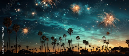 Wallpaper Mural palm trees with fireworks in the night sky background Torontodigital.ca