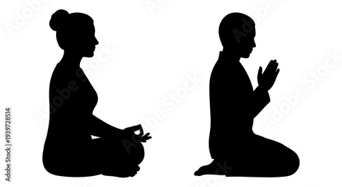 Black silhouette vector illustration of a woman meditating in lotus pose and a person kneeling with hands clasped in prayer, representing mindfulness, spirituality, and inner peace.