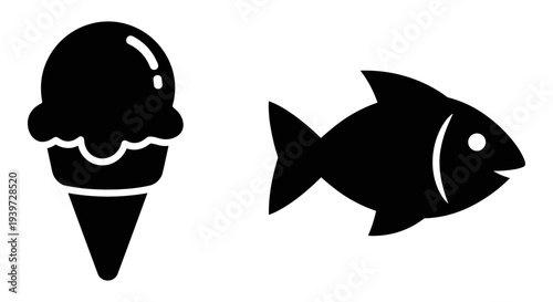 Black silhouette vector icons featuring a classic ice cream cone with a scoop and a smiling fish, ideal for food, dessert, and seafood menus, apps, or web design.