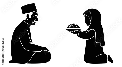 Black and white vector illustration of a young Muslim girl offering a plate of food to an older man, depicting a scene of generosity and tradition.