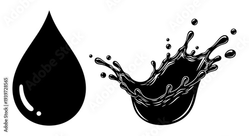 Black Oil Drop and Dynamic Liquid Splash Vector Illustration Set for Energy, Fuel, and Petroleum Industry Concepts