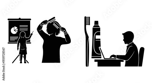 Set of 4 black and white vector icons depicting daily routines: a woman presenting, a woman brushing hair, a toothbrush and toothpaste, and a man working on a laptop