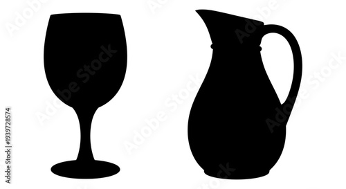 Minimalist Black Silhouette Vector Icons of a Wine Glass and a Water Pitcher, Ideal for Drink Menus, Bar Graphics, or Beverage-Related Design Projects