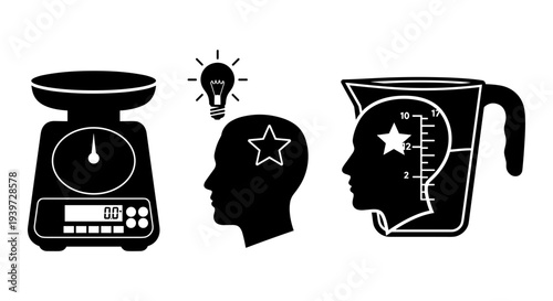Black and white vector illustration of a kitchen scale, a human head with a lightbulb idea, and a measuring cup with a brain inside, representing measurement, ideas, and knowledge.