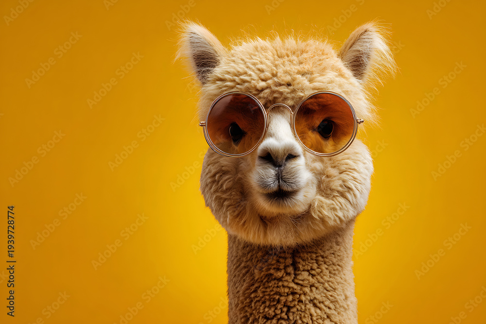 Fototapeta premium Alpaca wearing sunglasses posed against a yellow background during daytime in a playful scene