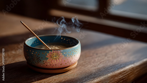 Ceramic bowl with burning incense stick, soft sunlight from window, wooden bench surface, thin smoke trail, subtle ash, cozy minimalist interior, tea ceremony suggestion for quiet mindfulness