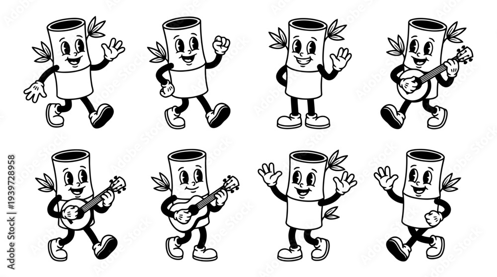 Obraz premium bamboo, cute retro cartoon style vector set , white background , PNG and SVG isolate