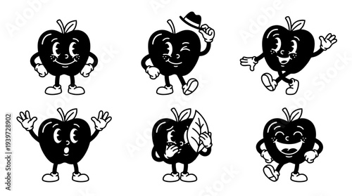 apple, cute retro cartoon style vector set , white background , PNG and SVG isolate