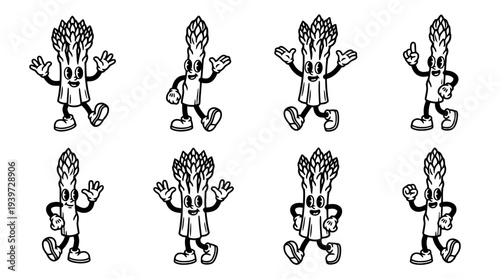 asparagus, cute retro cartoon style vector set , white background , PNG and SVG isolate
