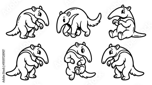 anteater, cute retro cartoon style vector set , white background , PNG and SVG isolate