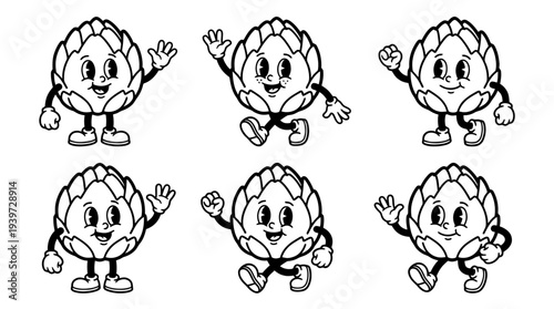 artichoke, cute retro cartoon style vector set , white background , PNG and SVG isolate