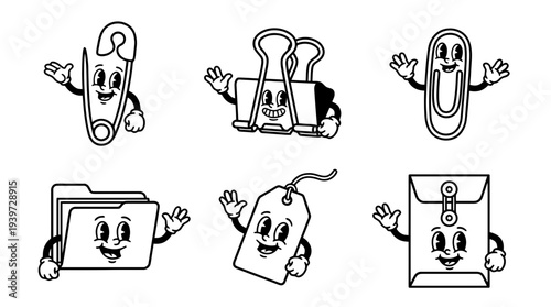 attachment icon, cute retro cartoon style vector set , white background , PNG and SVG isolate