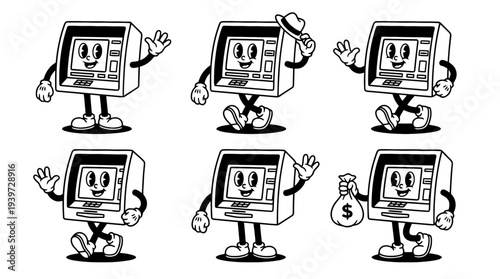 atm machine, cute retro cartoon style vector set , white background , PNG and SVG isolate
