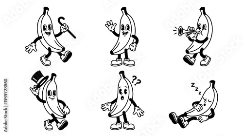 banana, cute retro cartoon style vector set , white background , PNG and SVG isolate