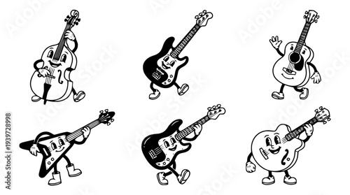 bass guitar, cute retro cartoon style vector set , white background , PNG and SVG isolate