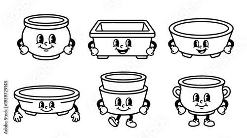 bonsai pot, cute retro cartoon style vector set , white background , PNG and SVG isolate