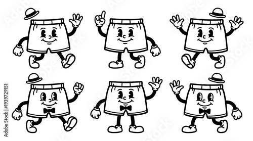 boxer shorts, cute retro cartoon style vector set , white background , PNG and SVG isolate