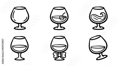 brandy snifter, cute retro cartoon style vector set , white background , PNG and SVG isolate