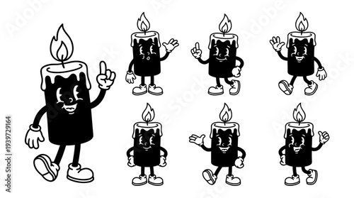 candle, cute retro cartoon style vector set , white background , PNG and SVG isolate