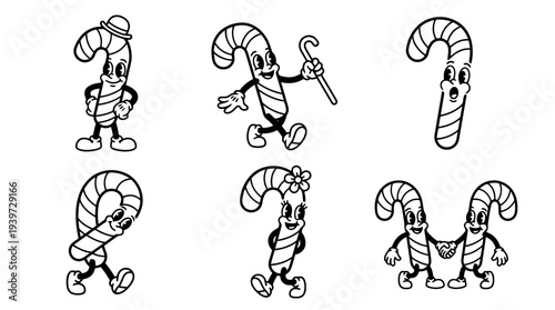 candy cane, cute retro cartoon style vector set , white background , PNG and SVG isolate