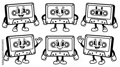 cassette tape, cute retro cartoon style vector set , white background , PNG and SVG isolate
