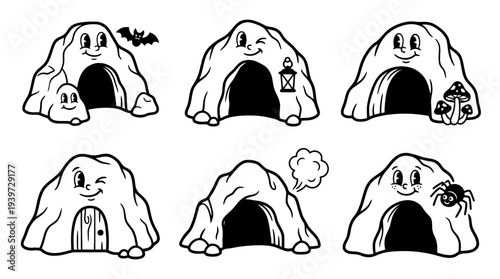 cave entrance, cute retro cartoon style vector set , white background , PNG and SVG isolate