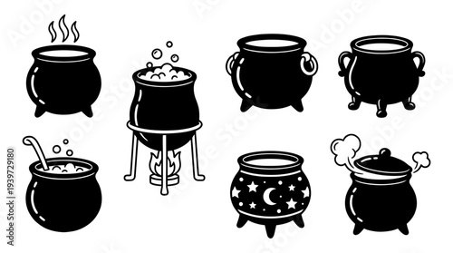 cauldron, cute retro cartoon style vector set , white background , PNG and SVG isolate