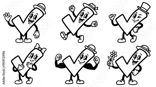 checkmark, cute retro cartoon style vector set , white background , PNG and SVG isolate
