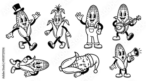 corn, cute retro cartoon style vector set , white background , PNG and SVG isolate