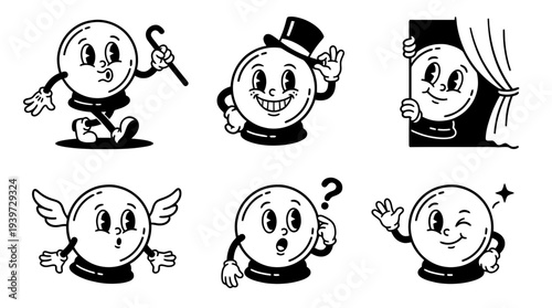 crystal ball, cute retro cartoon style vector set , white background , PNG and SVG isolate