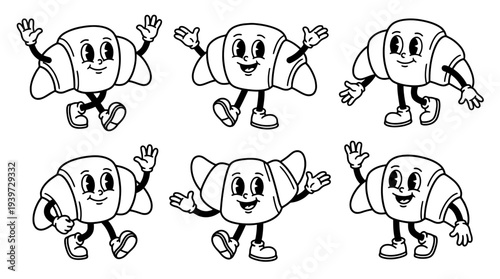 croissant, cute retro cartoon style vector set , white background , PNG and SVG isolate