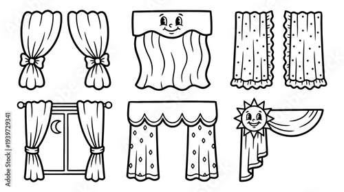 curtains, cute retro cartoon style vector set , white background , PNG and SVG isolate