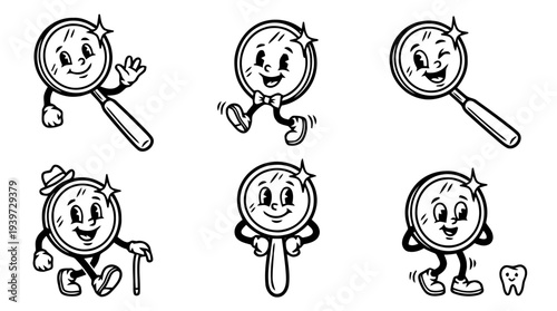 dental mirror, cute retro cartoon style vector set , white background , PNG and SVG isolate