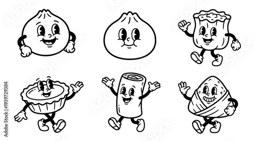 dim sum, cute retro cartoon style vector set , white background , PNG and SVG isolate