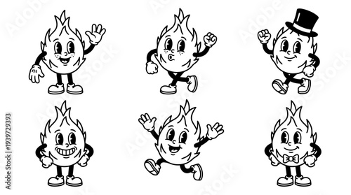 dragon fruit, cute retro cartoon style vector set , white background , PNG and SVG isolate