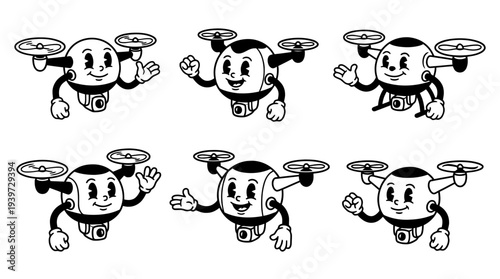 drone, cute retro cartoon style vector set , white background , PNG and SVG isolate