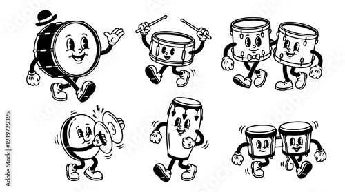 drums, cute retro cartoon style vector set , white background , PNG and SVG isolate
