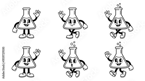 erlenmeyer flask, cute retro cartoon style vector set , white background , PNG and SVG isolate