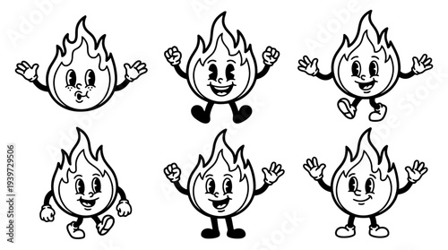 fire flame, cute retro cartoon style vector set , white background , PNG and SVG isolate