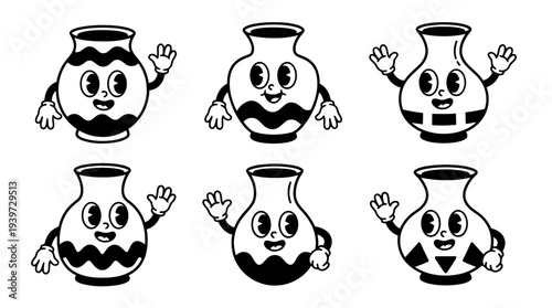 flower vase, cute retro cartoon style vector set , white background , PNG and SVG isolate
