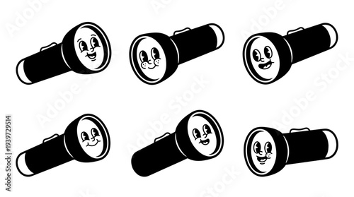 flashlight, cute retro cartoon style vector set , white background , PNG and SVG isolate