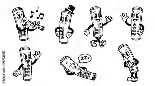 flute, cute retro cartoon style vector set , white background , PNG and SVG isolate