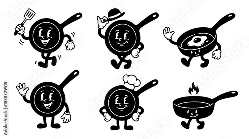 frying pan, cute retro cartoon style vector set , white background , PNG and SVG isolate