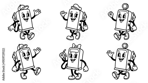 fuel pump, cute retro cartoon style vector set , white background , PNG and SVG isolate