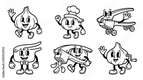 garlic press, cute retro cartoon style vector set , white background , PNG and SVG isolate