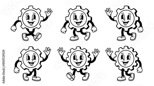 gear wheel, cute retro cartoon style vector set , white background , PNG and SVG isolate