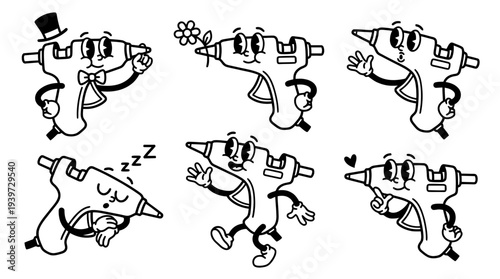 glue gun, cute retro cartoon style vector set , white background , PNG and SVG isolate