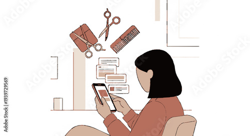 Woman uses phone with hairdressing tools and books nearby in modern setting