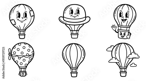 hot air balloon, cute retro cartoon style vector set , white background , PNG and SVG isolate